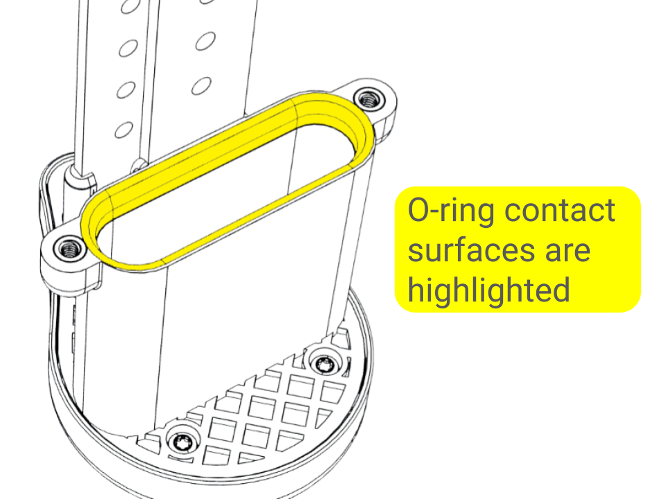A technical CAD drawing illustrating the precise interface between the rubber O-ring and the sealing surfaces on both the battery cap and the compartment rim, highlighting the cross-sectional view of the compressed seal