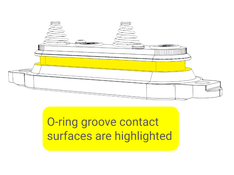 A technical CAD drawing highlighting the specific contact surfaces and seal points within the O-ring groove