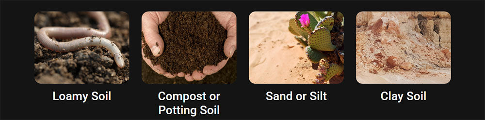 GeoDrops Droplets' patent sensor design works across:  loamy soil, compost or potting soil, sand or silt, and clay soil.